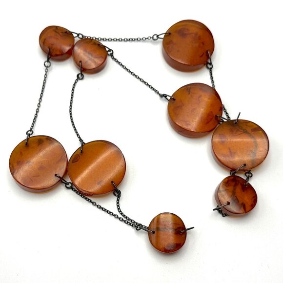Vintage 1950s Amber Lucite Disc Necklace — Blackened Chain — MCM — EUC - Picture 3 of 4